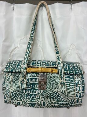 Vintage Croc Embossed Bamboo Handle Shoulder Bag Blue White Y2K